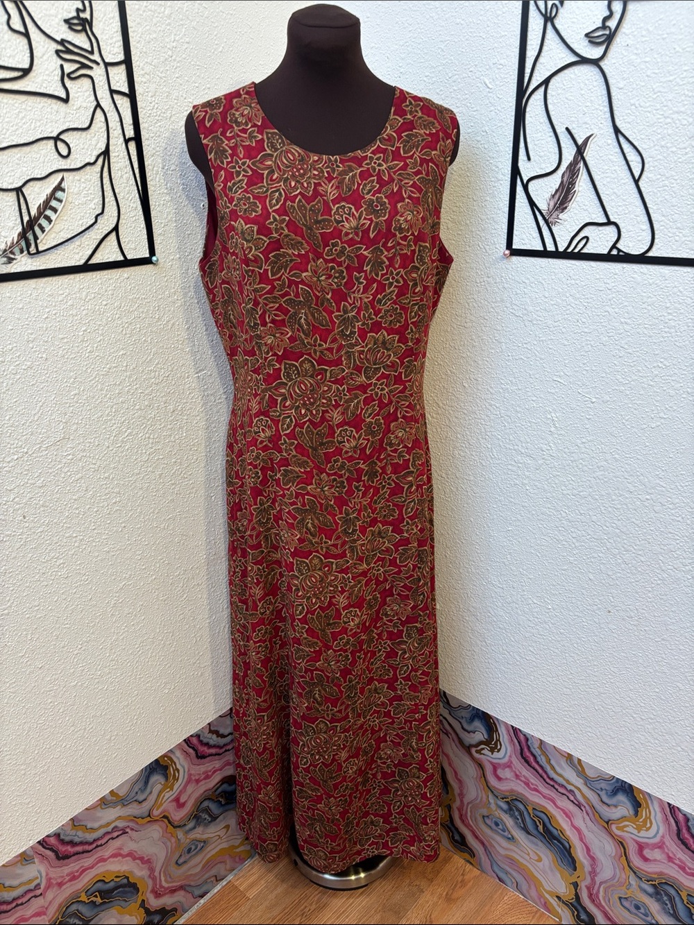 Vintage Pendleton red and ornate green/ brown floral maxi dress. Size 10